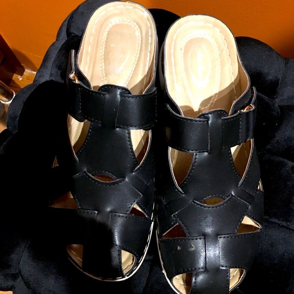 Black Leather Slip on Sandals